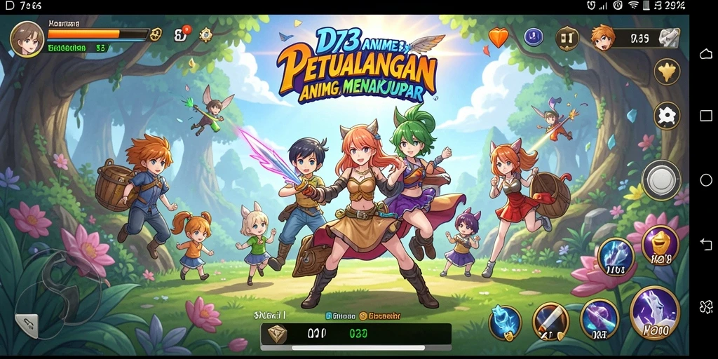 Screenshot D73 menampilkan aksi pertarungan karakter anime yang dinamis.