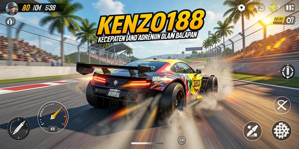 Screenshot permainan KENZO188 menampilkan balapan dengan mobil cepat dan grafik menawan.