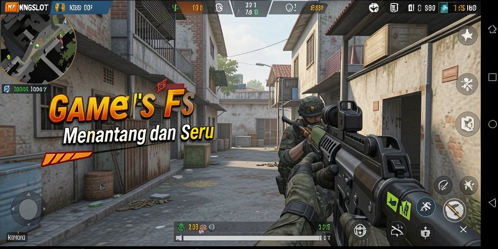 Screenshot gameplay <strong>KINGSLOT</strong> menampilkan aksi tembak-menembak yang intens.